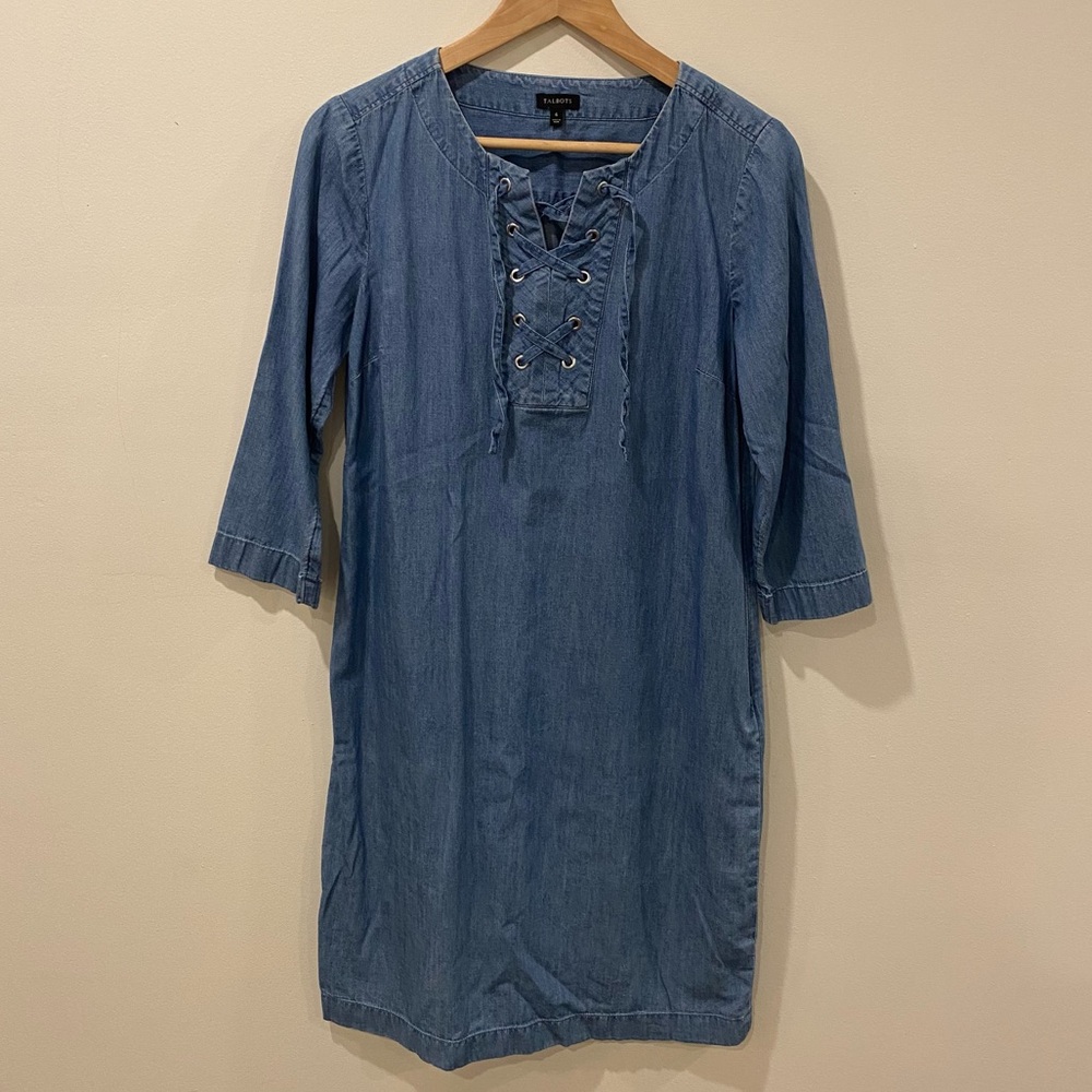 Talbots cotton lace up chambray dress size 6